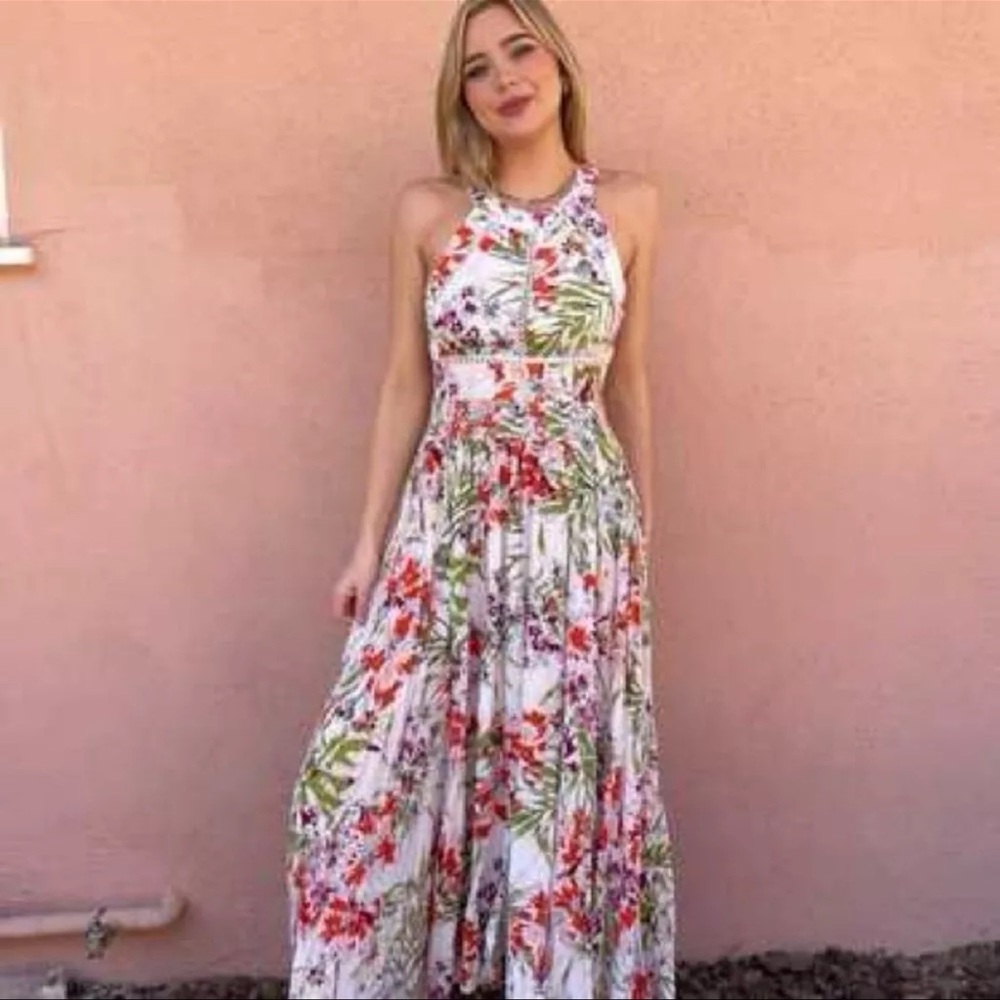 Anthropologie Abel The Label Orchid Maxi Dress Tie Back White Floral  S